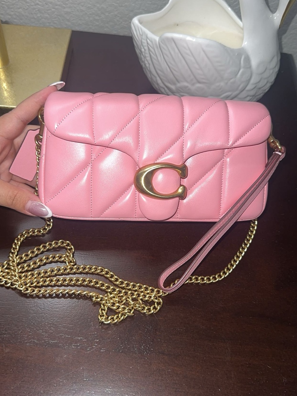 Coach Flower Pink Quilted Tabby 19 with Gold Chain